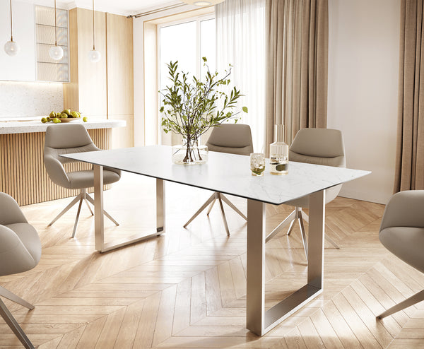 Dining Table Aurora Ceramic White Square Frame Slim Steel 200-300cm