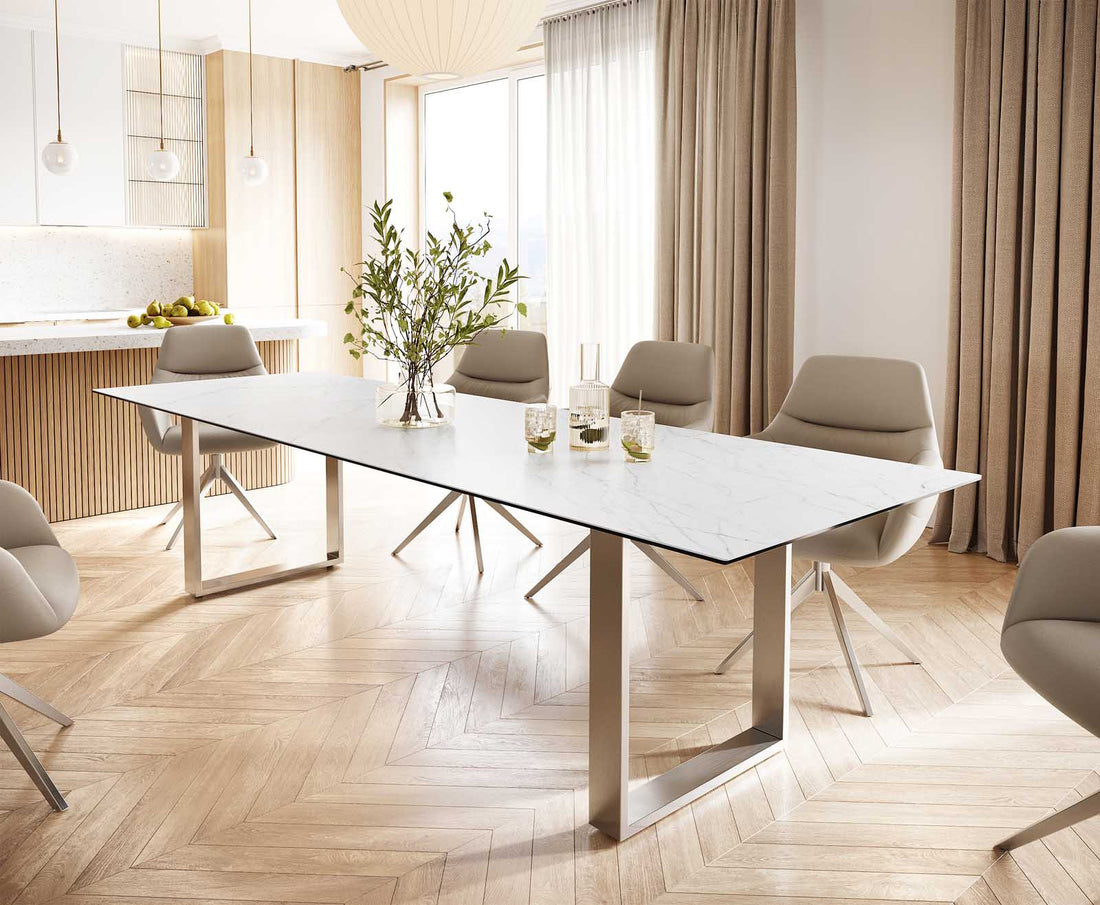 Dining Table Aurora 300cm Ceramic Statuarietto White Square Frame Slim Steel