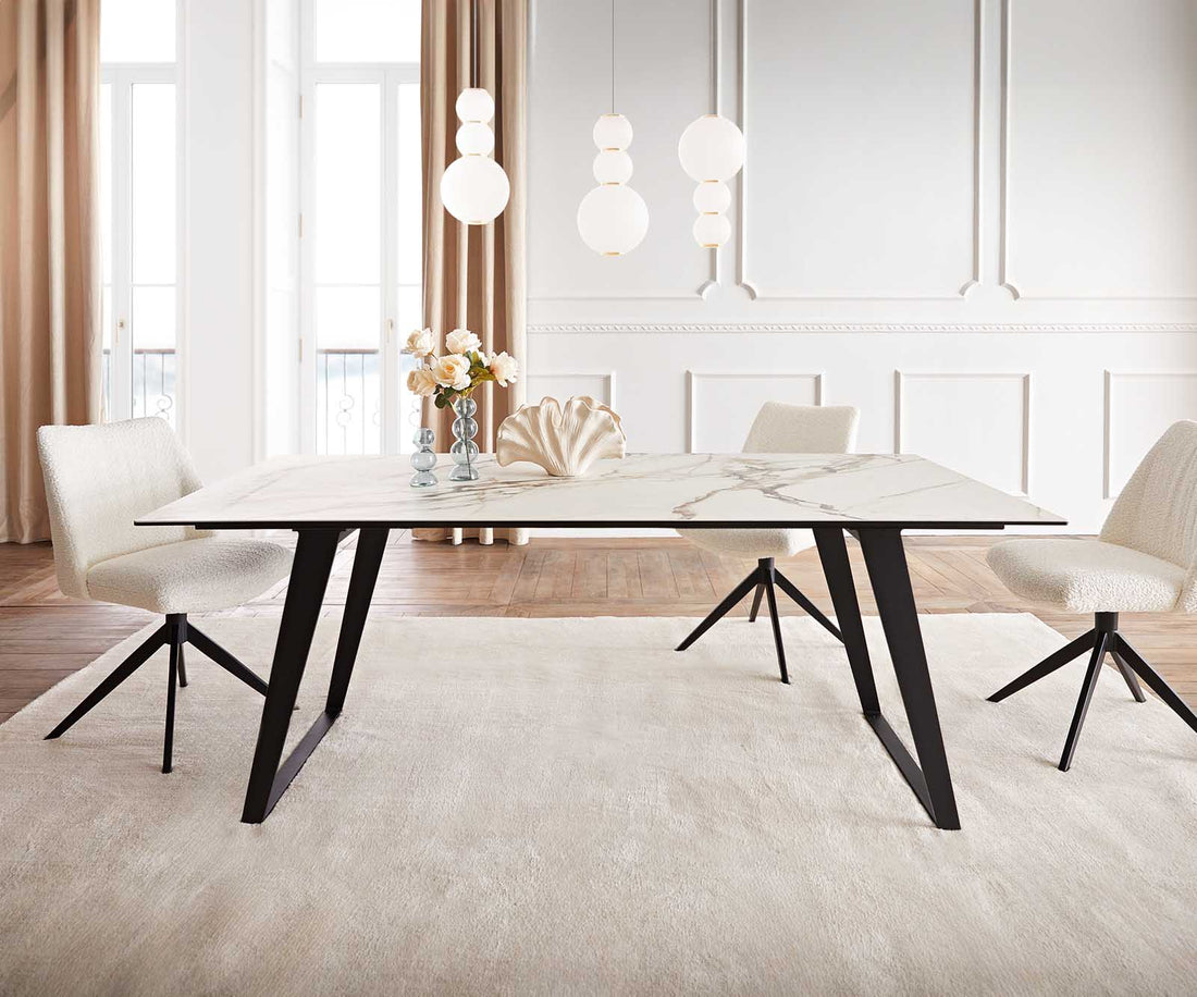 Dining Table Aurora 200x100cm Ceramic Calacatta Luxe Gold Slanted Frame Black