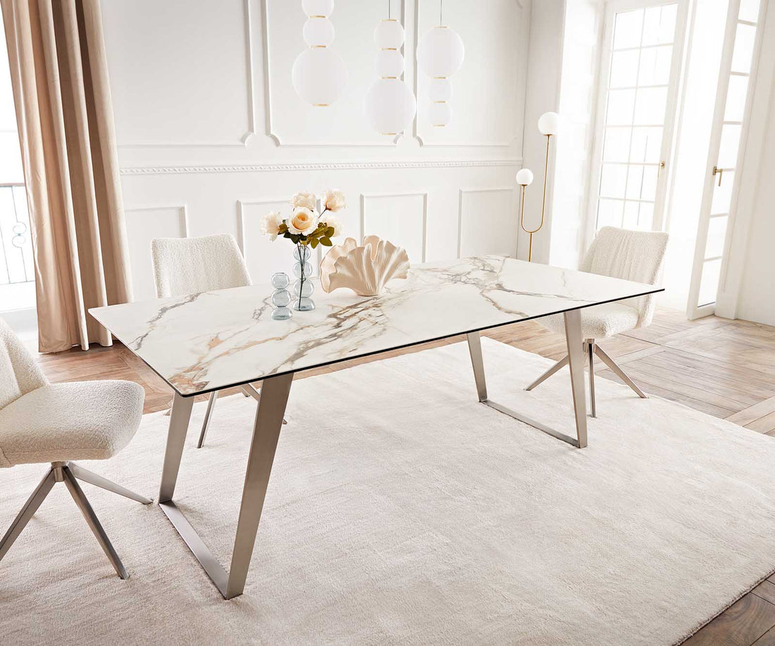 Dining Table Aurora 200x100cm Ceramic Calacatta Luxe Gold Slanted Frame Silver