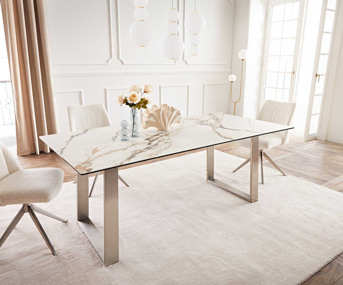 Dining Table Aurora 200x100cm Ceramic Calacatta Luxe Gold Square Frame Slim Silver