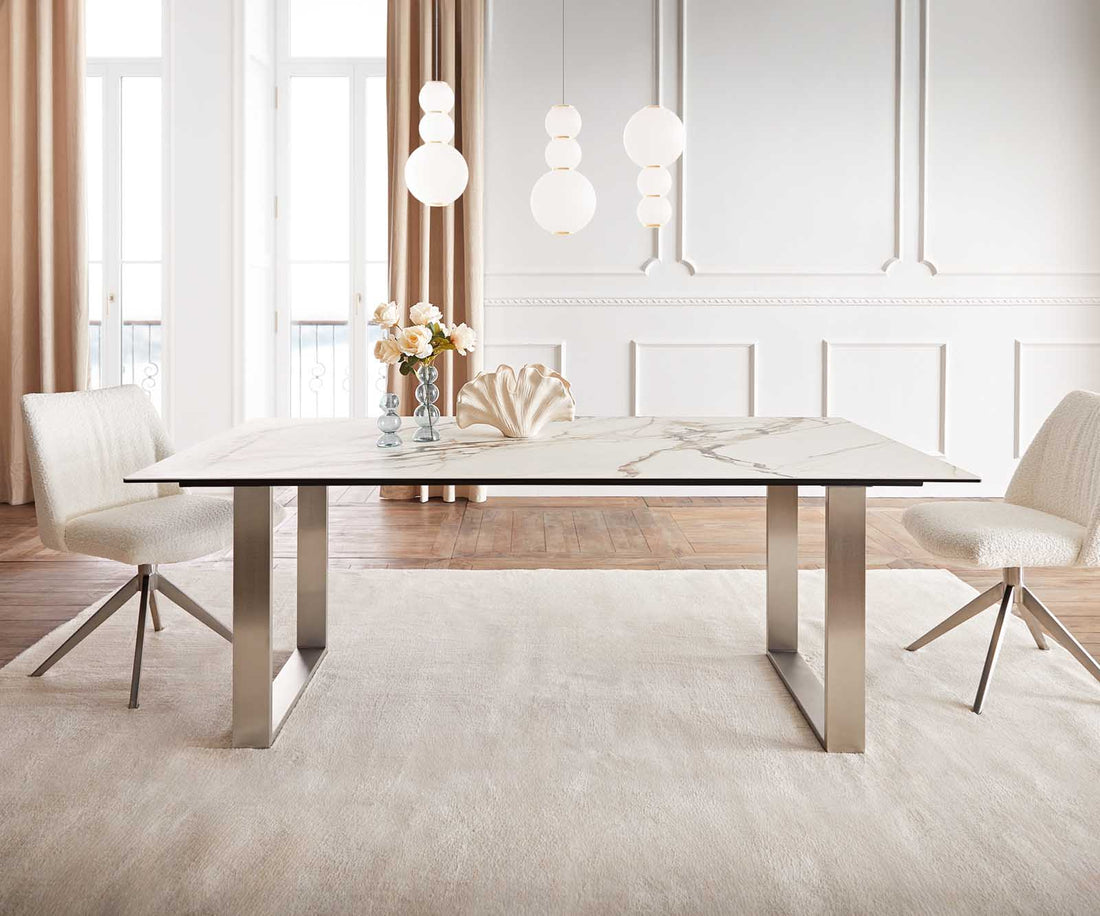 Dining Table Aurora 200x100cm Ceramic Calacatta Luxe Gold Square Frame Slim Silver