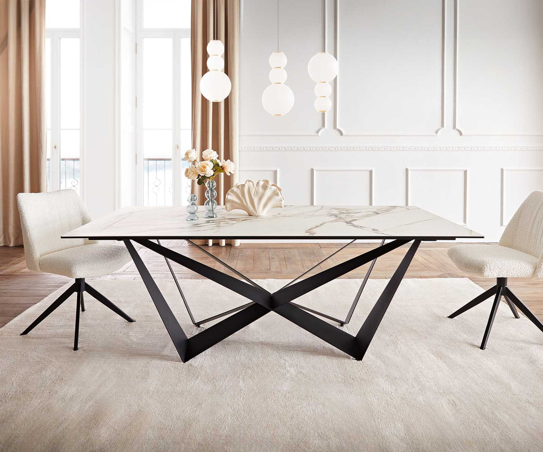 Dining Table Aurora 200x100cm Ceramic Calacatta Luxe Gold Spider Frame Black