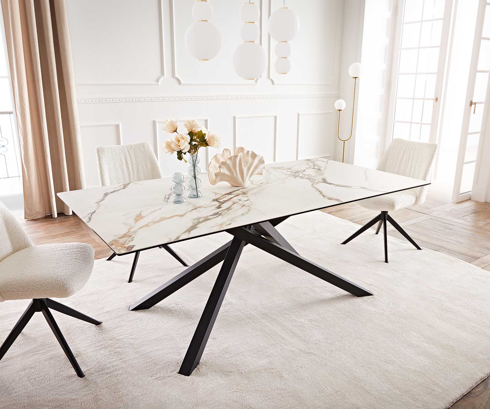 Dining Table Aurora 200x100cm Ceramic Gold Cross Frame Black