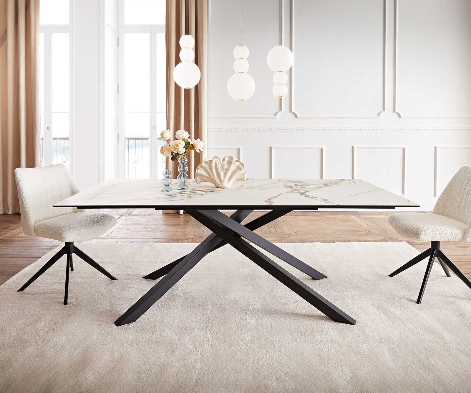 Dining Table Aurora 200x100cm Ceramic Gold Cross Frame Black