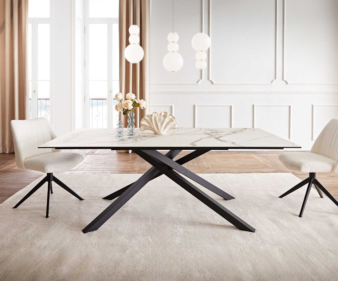 Dining Table Aurora 200x100cm Ceramic Calacatta Luxe Gold Cross Frame Black