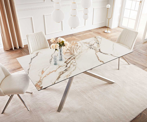 Dining Table Aurora 200x100cm Ceramic Gold Cross Frame Silver