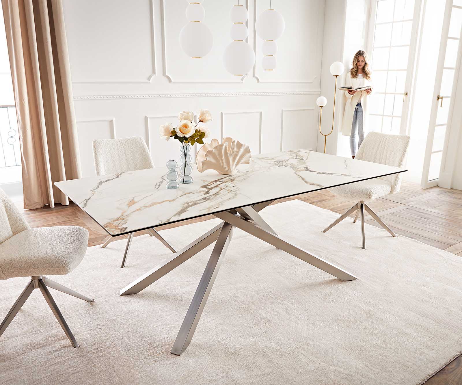 Dining Table Aurora 200x100cm Ceramic Gold Cross Frame Silver