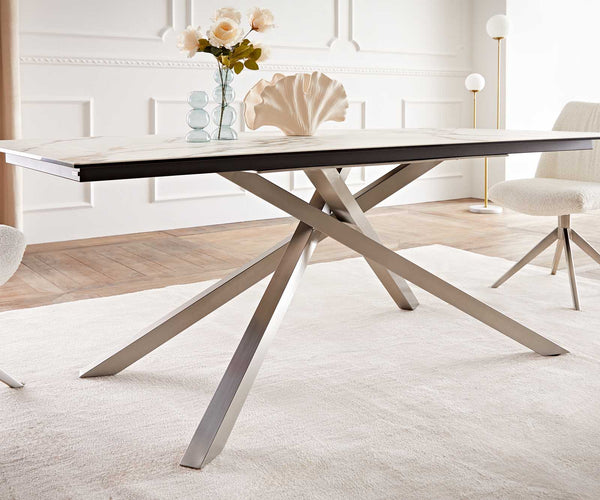 Dining Table Aurora 200x100cm Ceramic Gold Cross Frame Silver