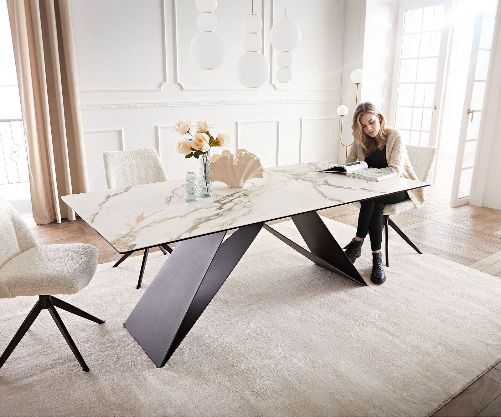 Dining Table Aurora 200x100cm Ceramic Gold V-Frame Black