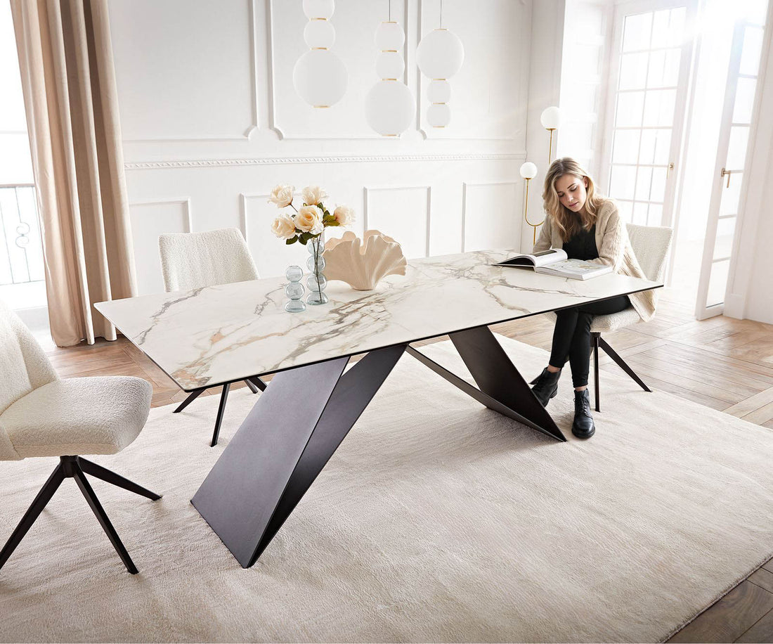 Dining Table Aurora 200x100cm Ceramic Calacatta Luxe Gold V-Frame Black