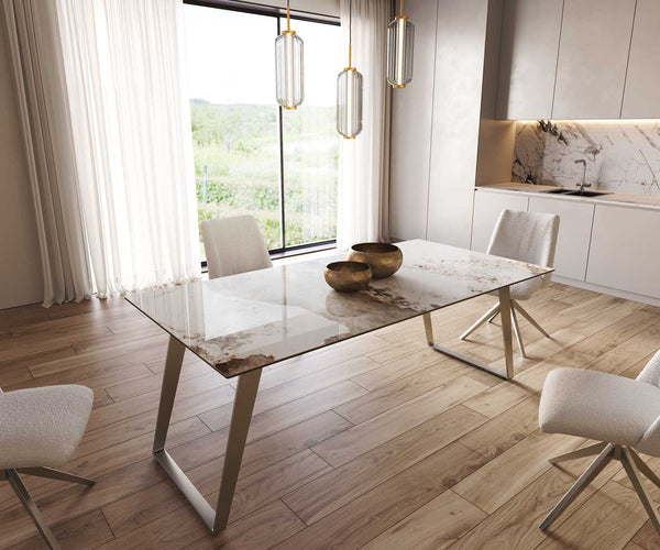 Dining Table Aurora 200x100cm Ceramic Beige Slanted Frame Silver
