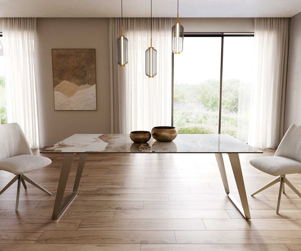 Dining Table Aurora 200x100cm Ceramic Beige Slanted Frame Silver