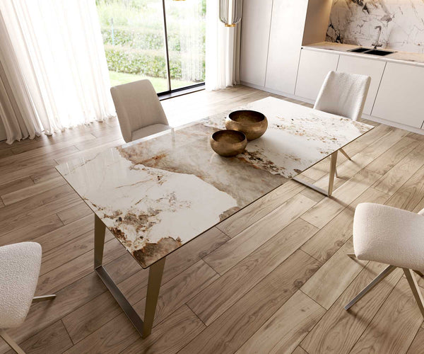 Dining Table Aurora 200x100cm Ceramic Minas Melange Beige Slanted Frame Silver