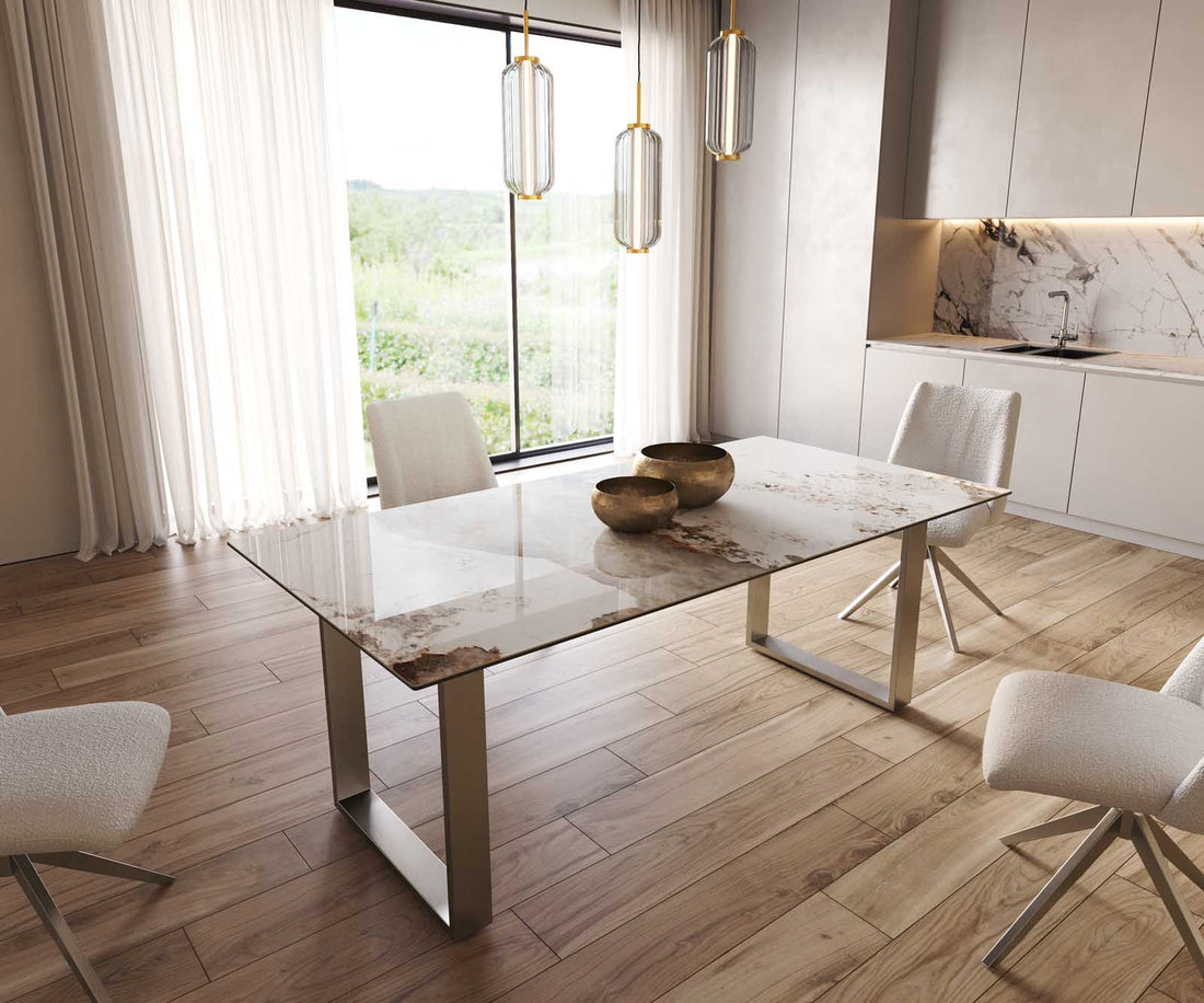 Dining Table Aurora 200x100cm Ceramic Minas Melange Beige Square Frame Slim Silver