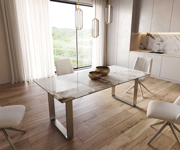 Dining Table Aurora 200x100cm Ceramic Beige Square Frame Slim Silver