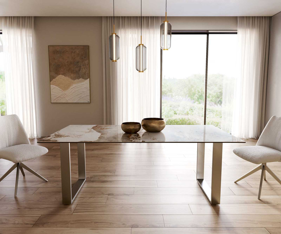 Dining Table Aurora 200x100cm Ceramic Minas Melange Beige Square Frame Slim Silver
