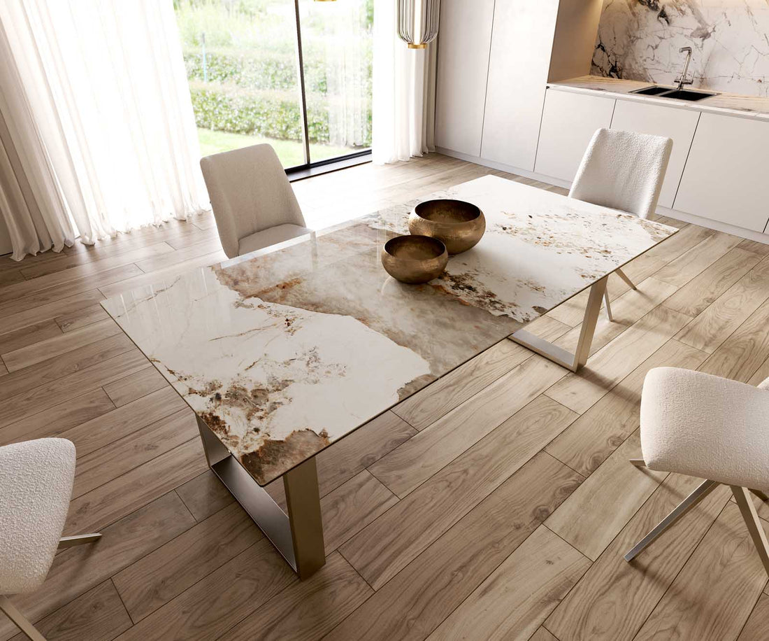 Dining Table Aurora 200x100cm Ceramic Minas Melange Beige Square Frame Slim Silver