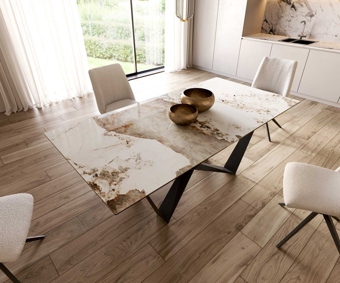 Dining Table Aurora 200x100cm Ceramic Minas Melange Beige Spider Frame Black