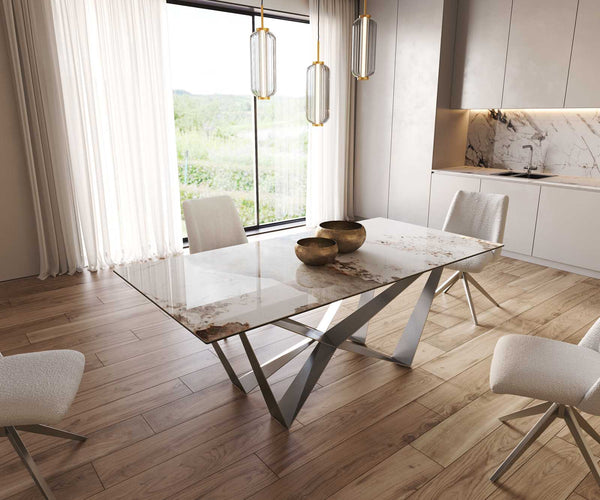Dining Table Aurora 200x100cm Ceramic Beige Spider Frame Silver