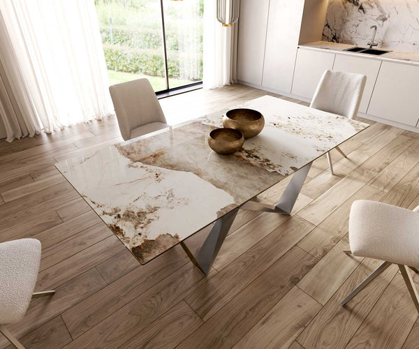 Dining Table Aurora 200x100cm Ceramic Minas Melange Beige Spider Frame Silver