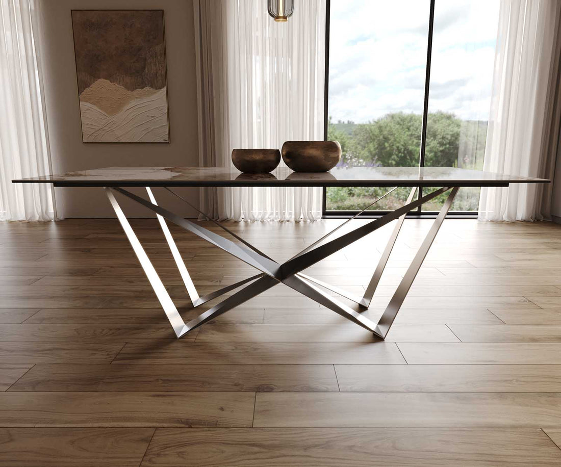 Dining Table Aurora 200x100cm Ceramic Minas Melange Beige Spider Frame Silver