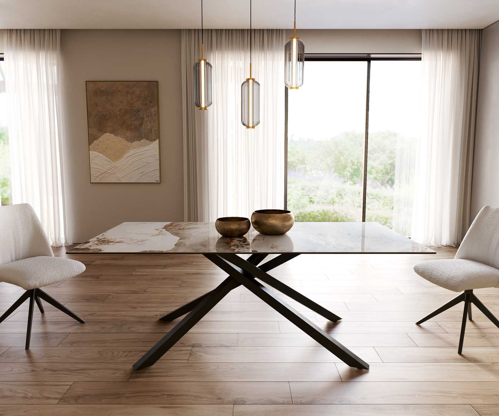 Dining Table Aurora 200x100cm Ceramic Beige Cross Frame Black
