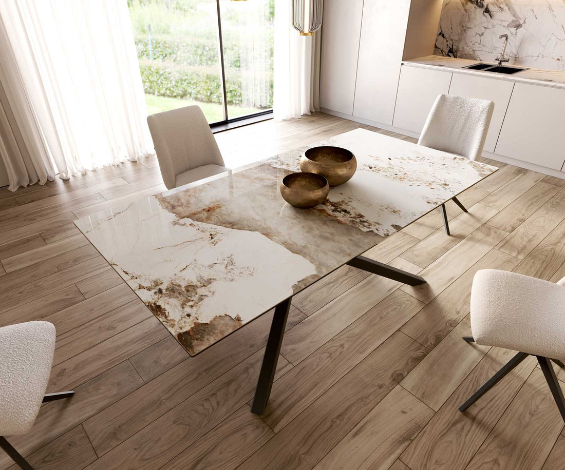 Dining Table Aurora 200x100cm Ceramic Minas Melange Beige Cross Frame Black