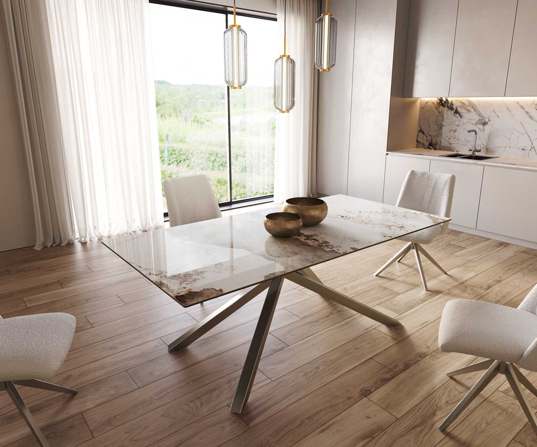 Dining Table Aurora 200x100cm Ceramic Minas Melange Beige Cross Frame Silver