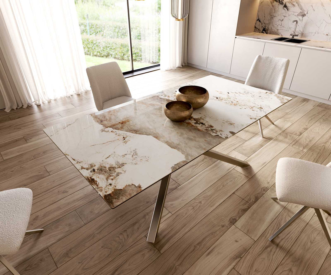Dining Table Aurora 200x100cm Ceramic Minas Melange Beige Cross Frame Silver