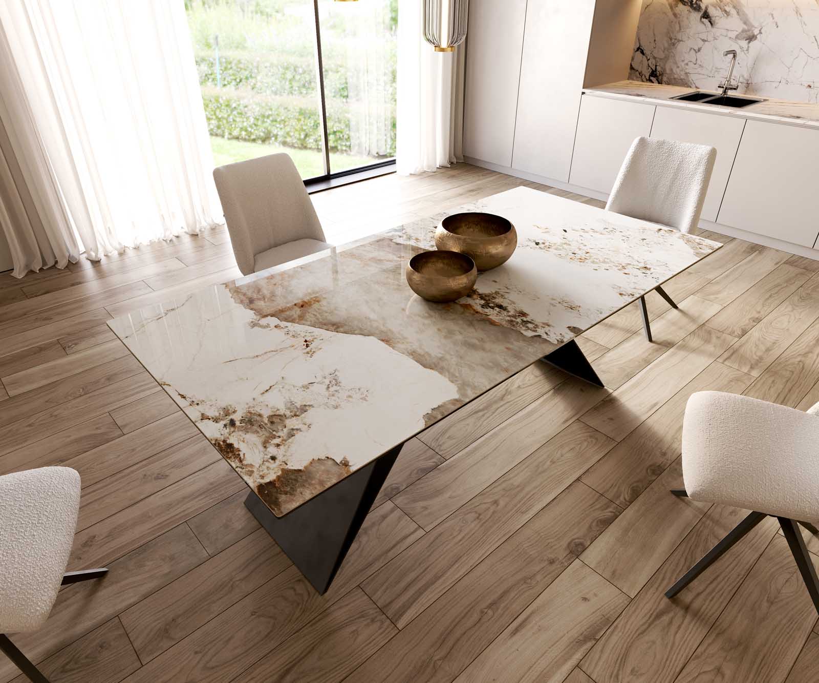 Dining Table Aurora 200x100cm Ceramic Beige V-Frame Black