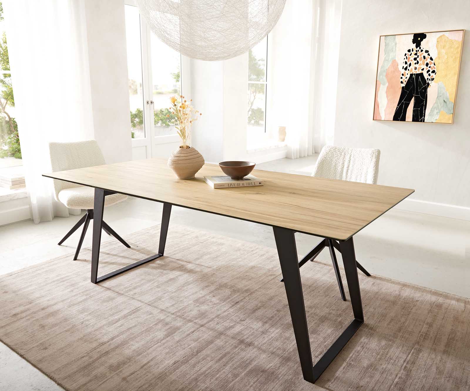 Dining Table Aurora 200x100cm Ceramic Oak-Look Slanted Frame Black