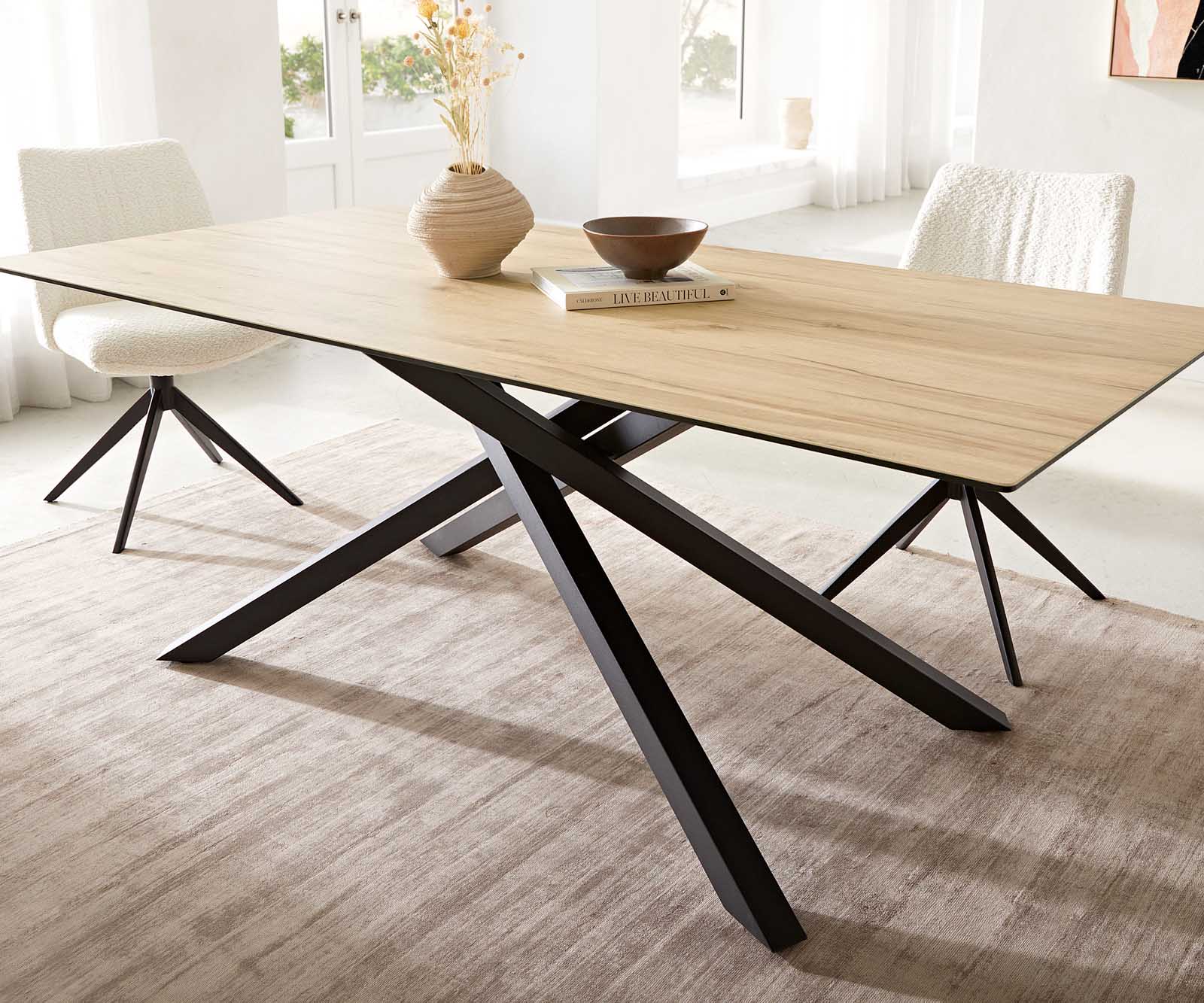 Dining Table Aurora 200x100cm Ceramic Oak-Look Cross Frame Black