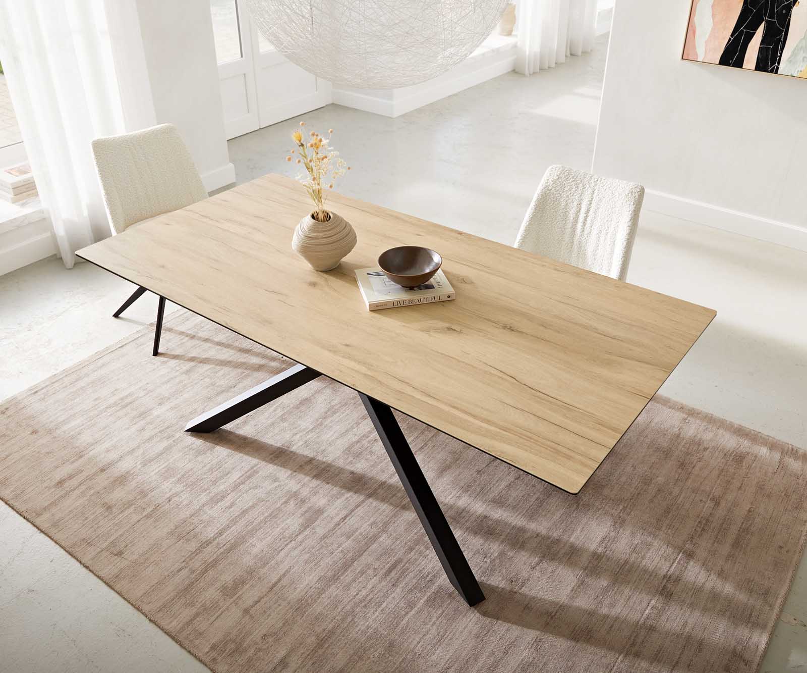 Dining Table Aurora 200x100cm Ceramic Oak-Look Cross Frame Black