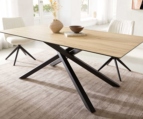 Dining Table Aurora 200x100cm Ceramic Oak-Look Cross Frame Black