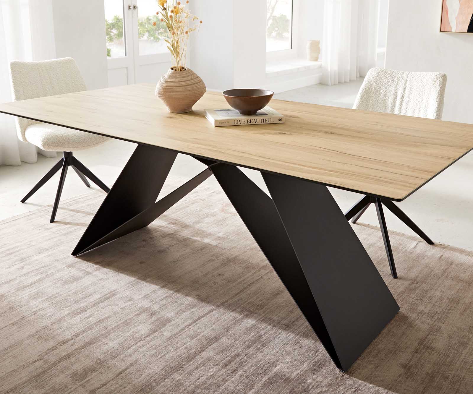 Dining Table Aurora 200x100cm Ceramic Oak-Look V-Frame Black