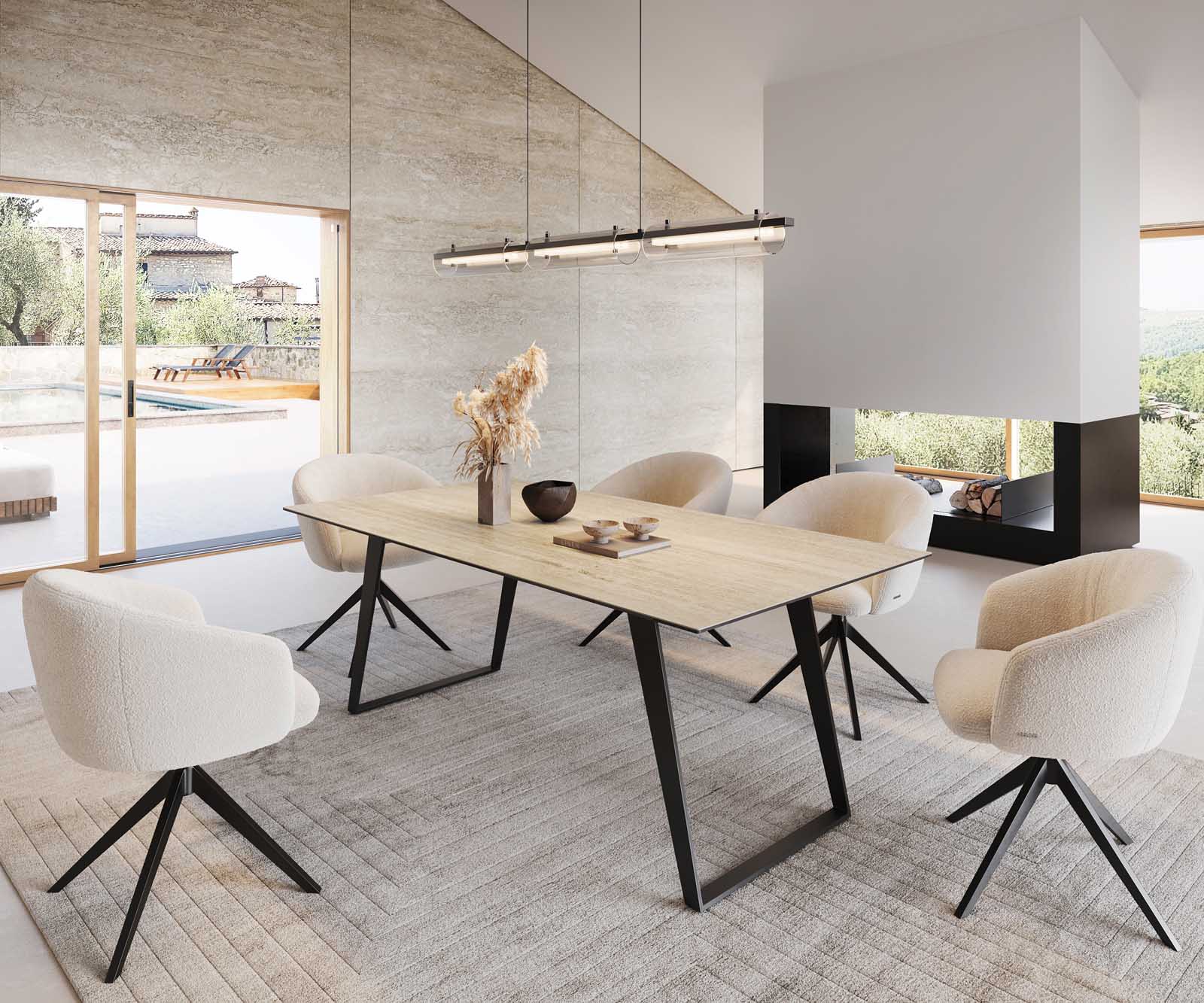 Dining Table Aurora 200x100cm Ceramic Travertine Slanted Frame Black