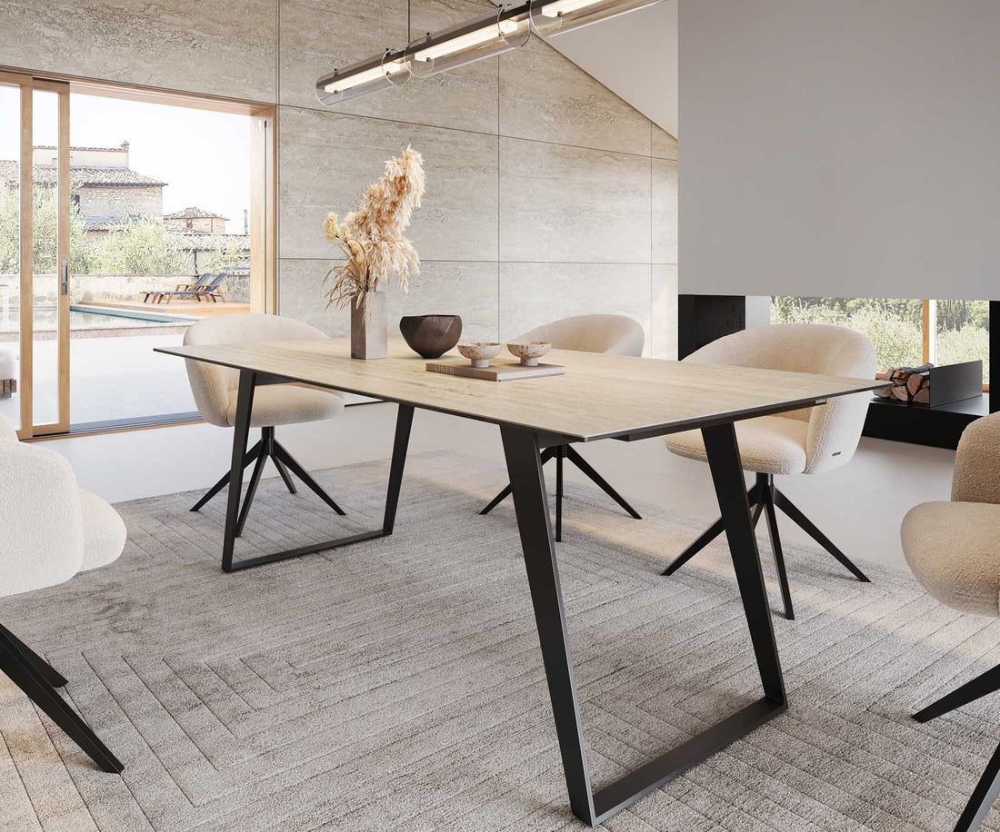 Dining Table Aurora 200x100cm Ceramic Travertine Slanted Frame Black