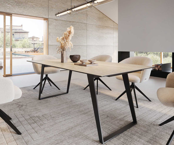 Dining Table Aurora 200x100cm Ceramic Travertine Slanted Frame Black