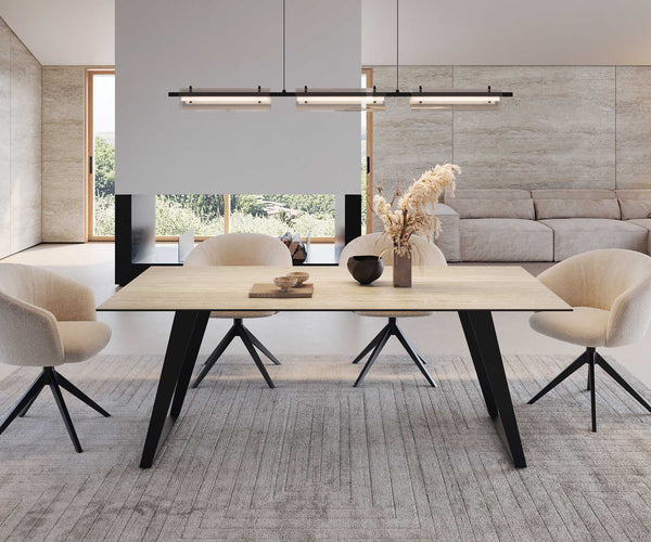 Dining Table Aurora 200x100cm Ceramic Travertine Slanted Frame Black