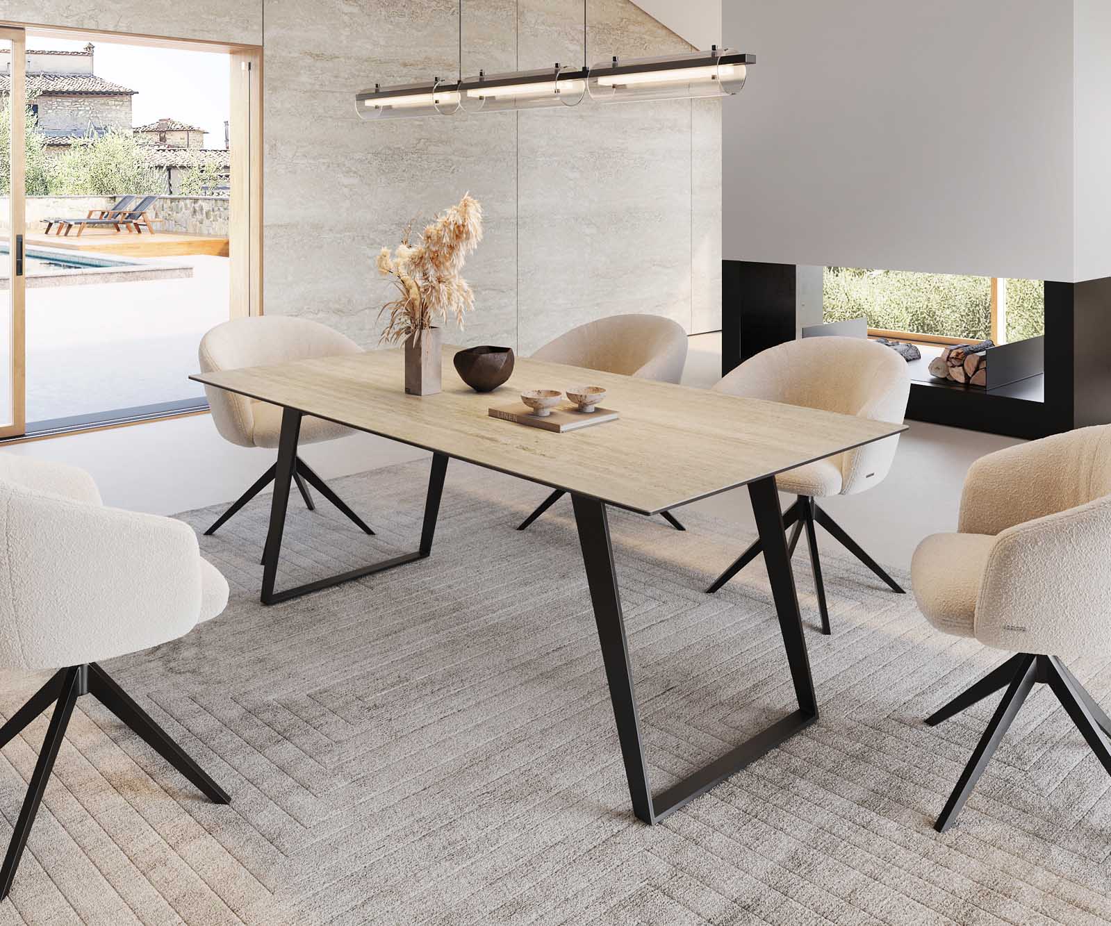 Dining Table Aurora 200x100cm Ceramic Travertine Slanted Frame Black
