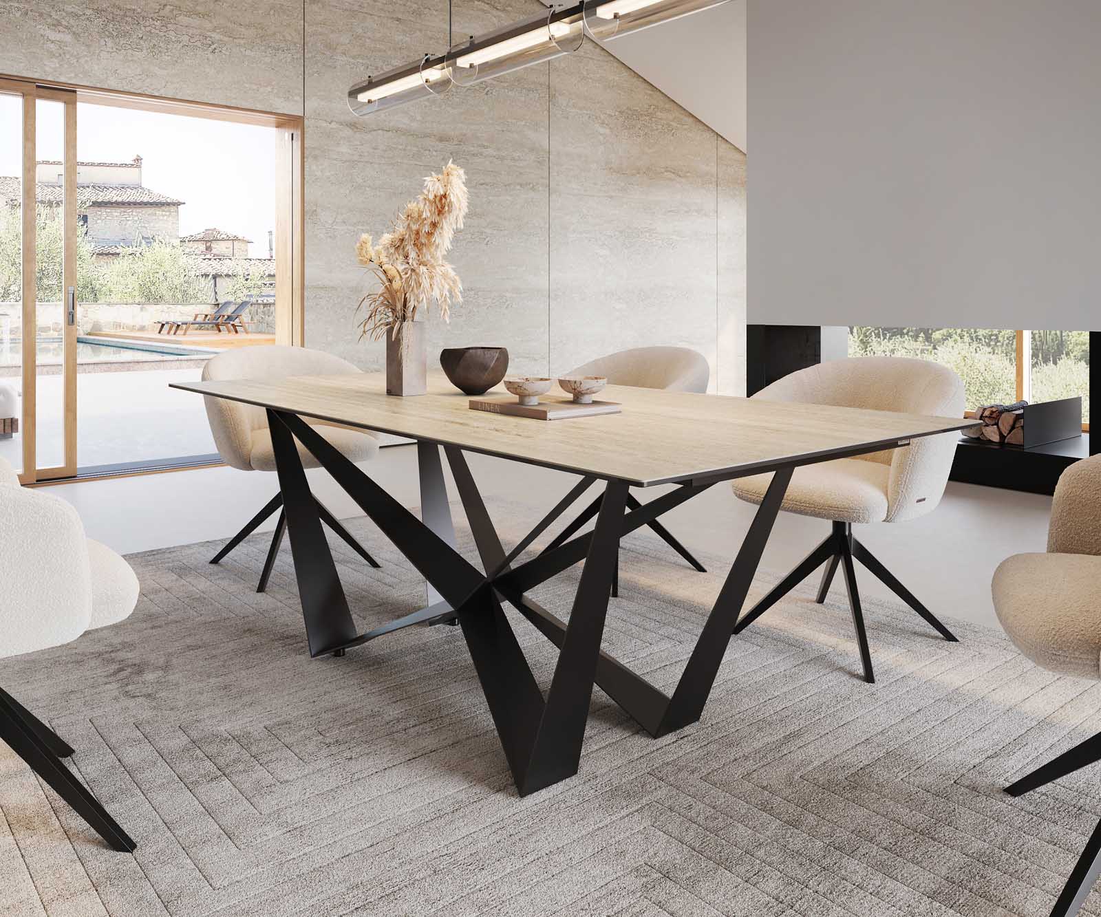 Dining Table Aurora 200x100cm Ceramic Travertine Spider Frame Black