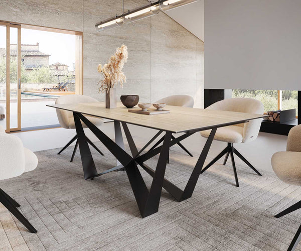 Dining Table Aurora 200x100cm Ceramic Travertine Spider Frame Black