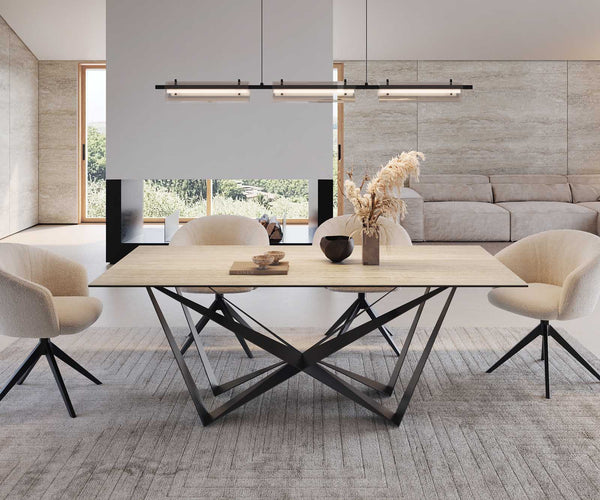 Dining Table Aurora 200x100cm Ceramic Travertine Spider Frame Black