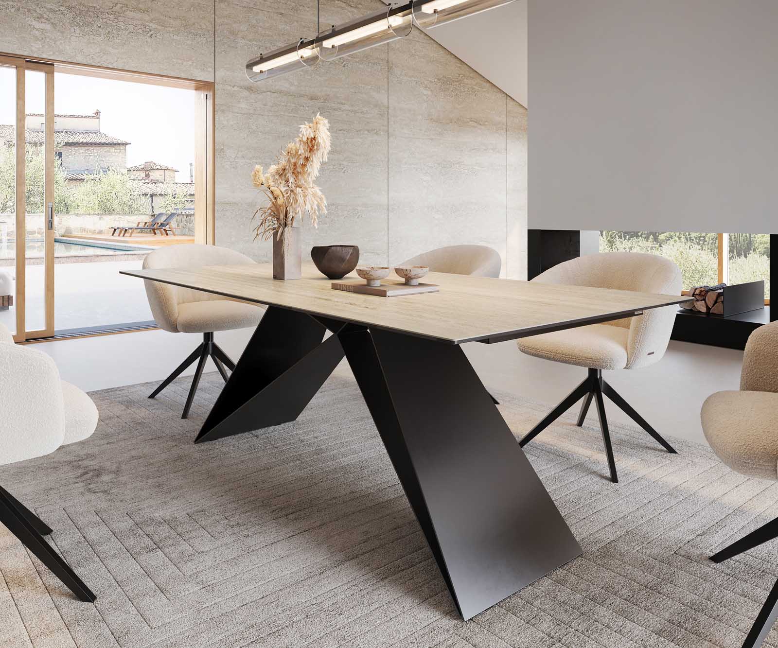 Dining Table Aurora 200x100cm Ceramic Travertine V-Frame Black