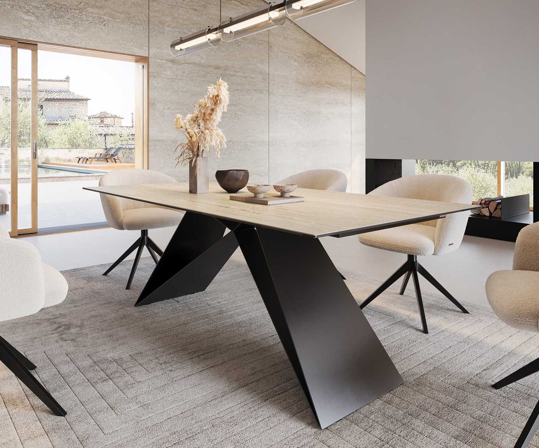 Dining Table Aurora 200x100cm Ceramic Travertine V-Frame Black
