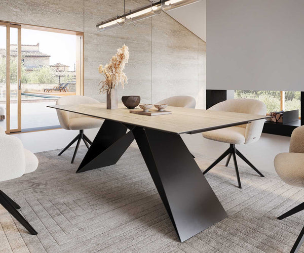 Dining Table Aurora 200x100cm Ceramic Travertine V-Frame Black