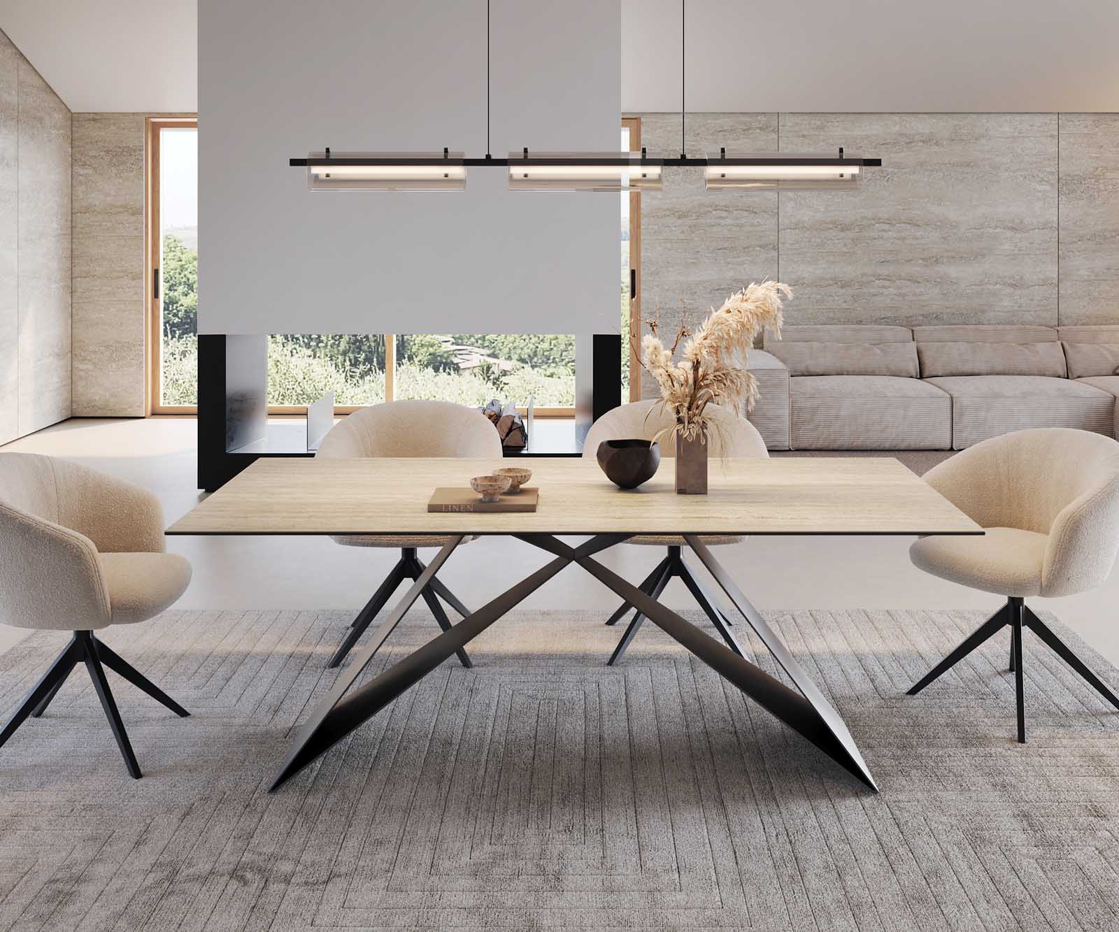 Dining Table Aurora 200x100cm Ceramic Travertine V-Frame Black