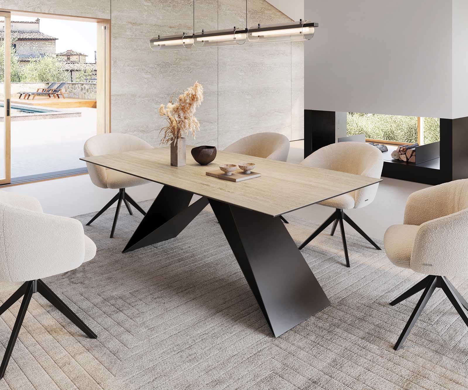 Dining Table Aurora 200x100cm Ceramic Travertine V-Frame Black