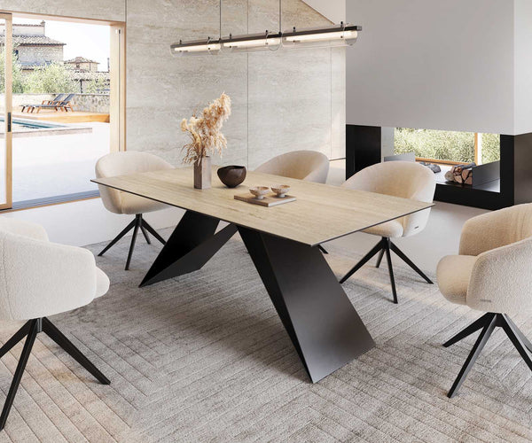 Dining Table Aurora 200x100cm Ceramic Travertine V-Frame Black